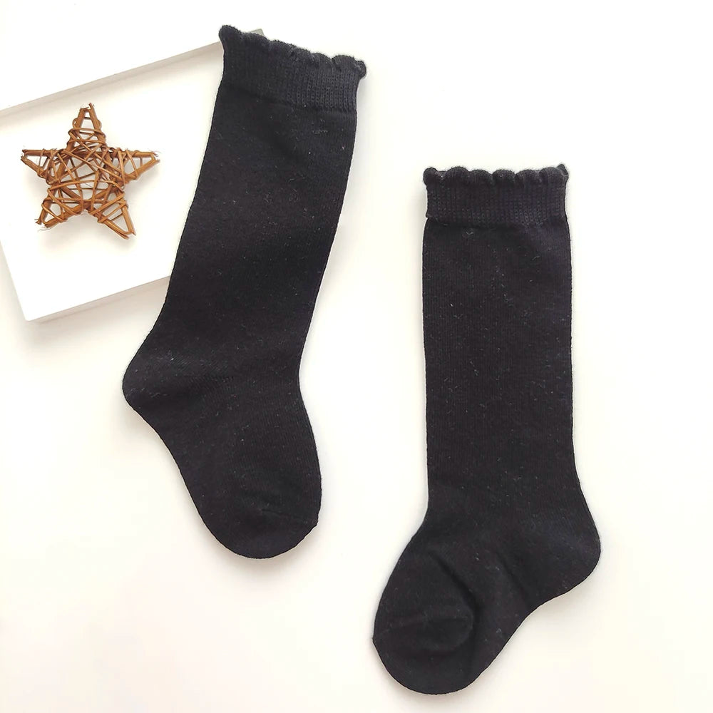 New Kids Knee High Socks Baby Girls Boys Flat Long Sock Soft Cotton Solid Color Children Stockings For 0-7 Years
