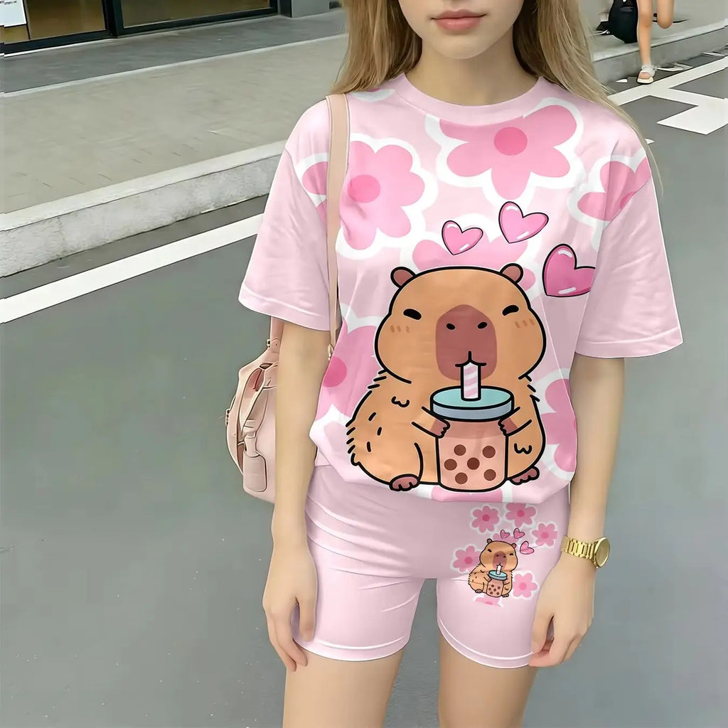 Kawaii Capybara Print Kids Pajama Set 2Pcs Girls Short Sleeve T-shirt Shorts Loungewear