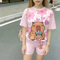 Kawaii Capybara Print Kids Pajama Set 2Pcs Girls Short Sleeve T-shirt Shorts Loungewear