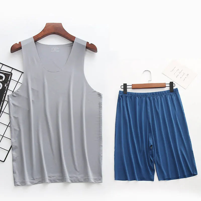 Mens Ice Silk T-Shirt & Short Pants 2Pcs Pijamas Sleep Set Ultra-thin Homewear Clothing Summer Pyjamas Sleepwear Nightwear Suit