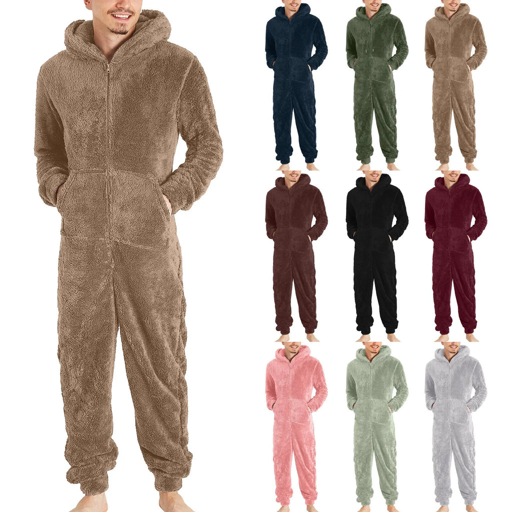 Winter Warm Men Plush Pajamas Big Size Coral Fleece Jumpsuit Hoodies Bodysuit Fleece Pajamas Daily Hooded Flannel Homewear