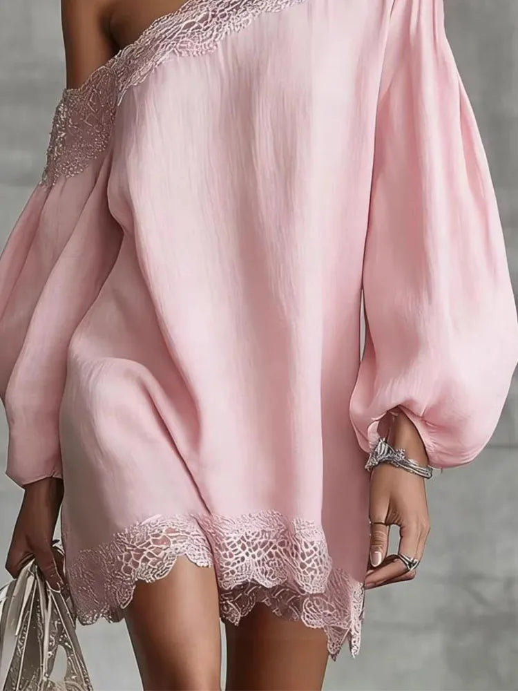 Elegant Lace Trim Mini Dress For Women Off Shoulder Long Puff Sleeves Fashion Date Night Evening Short Dresses Vestidos