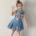 Kids Girls Floral Printed Denim Dress Summer Sleeveless Turn Down Collar Jean Vest Dress Fashionable Children Outfit