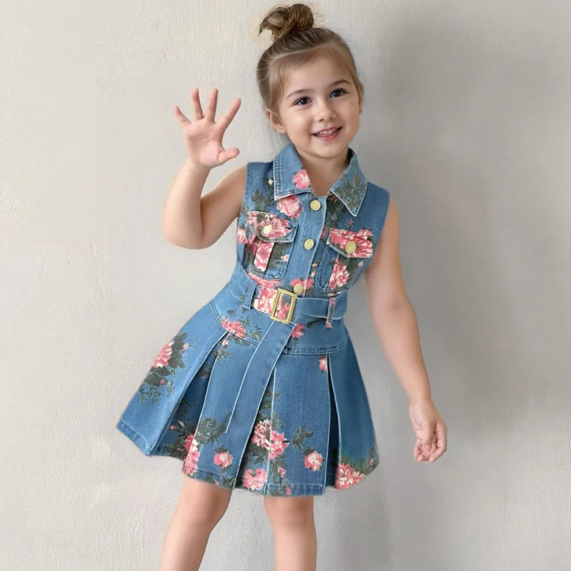 Kids Girls Floral Printed Denim Dress Summer Sleeveless Turn Down Collar Jean Vest Dress Fashionable Children Outfit