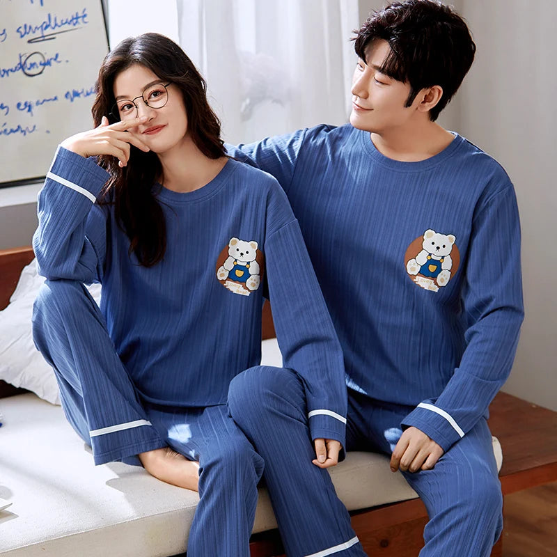 Cartoon Cute Pajamas Set For Women Men Cotton Couples Homewear Autumn Spring Long Sleep Tops Pant Nightwear Mujer hombre