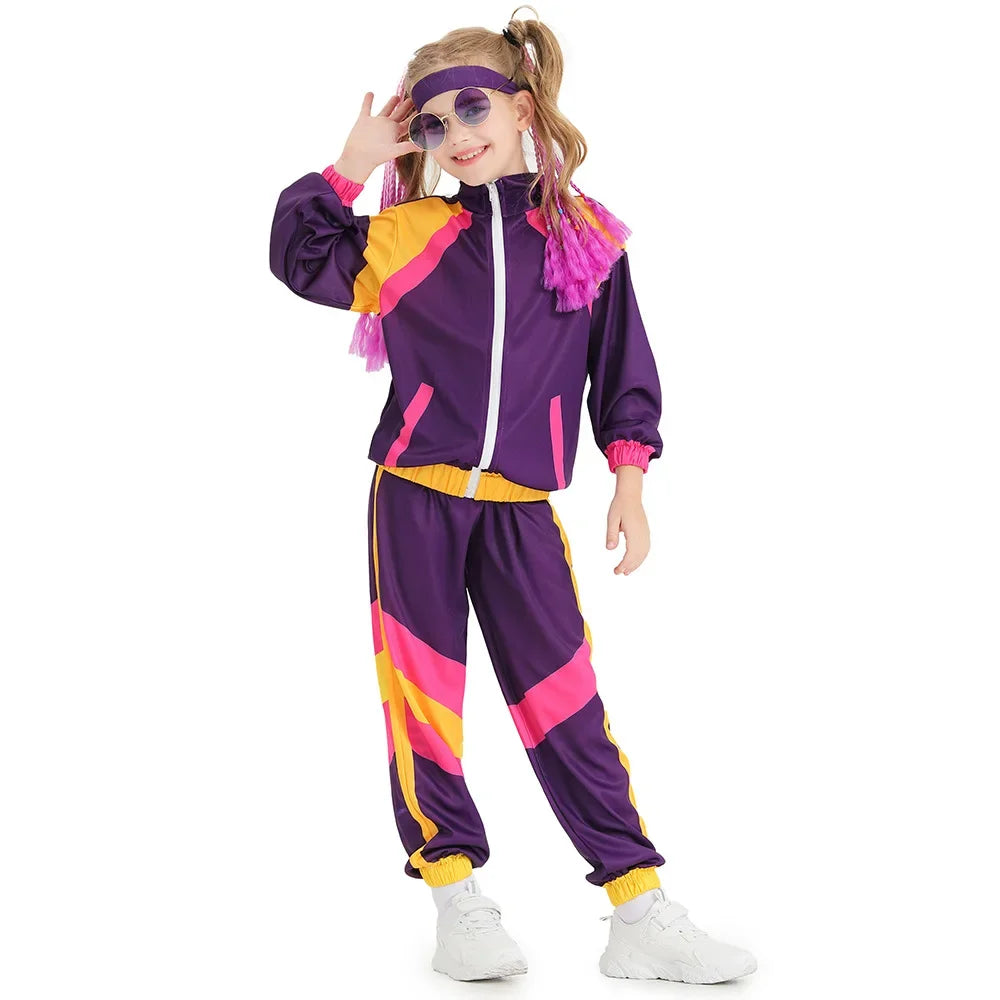 Kids Boys and Girls 80s 90s Sportswear Suit Retro Disco Hip Hop Costume Fashion Patchwork Long Sleeve Zipper Coat Trousers Suit