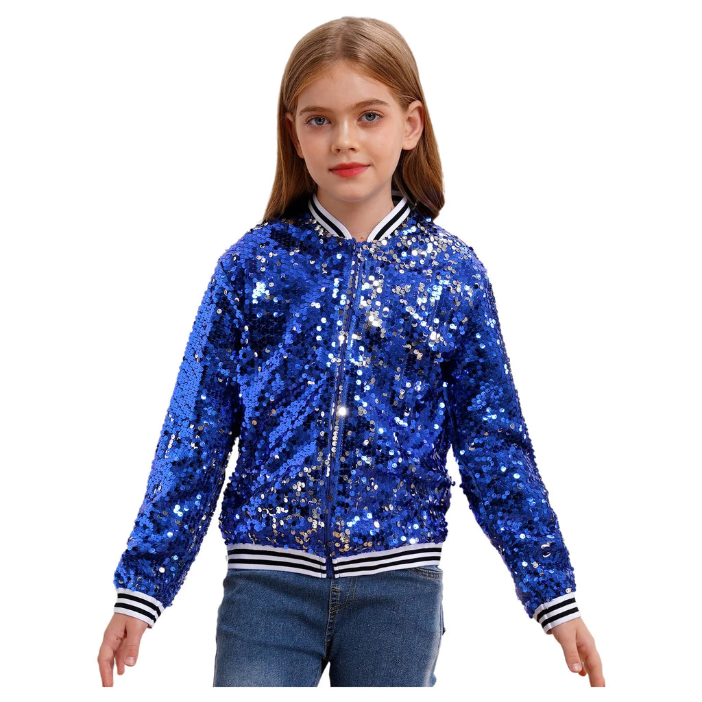 Kids Girls Sequin Jackets 6-16 Children Baseball Coat Outerwear Disco Performance Jazz Dance Costume Party Fashion Streetwear