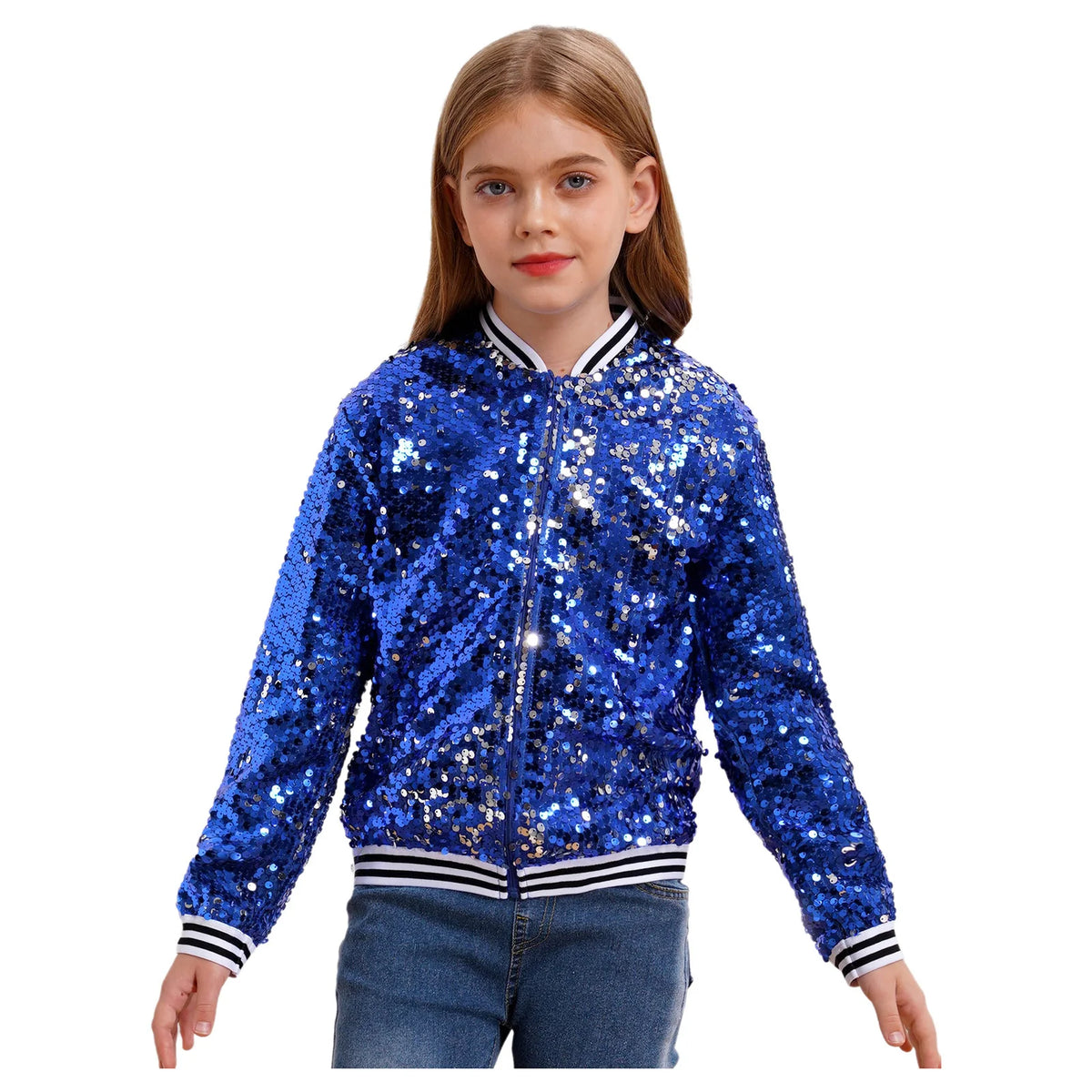 Kids Girls Sequin Jackets 6-16 Children Baseball Coat Outerwear Disco Performance Jazz Dance Costume Party Fashion Streetwear