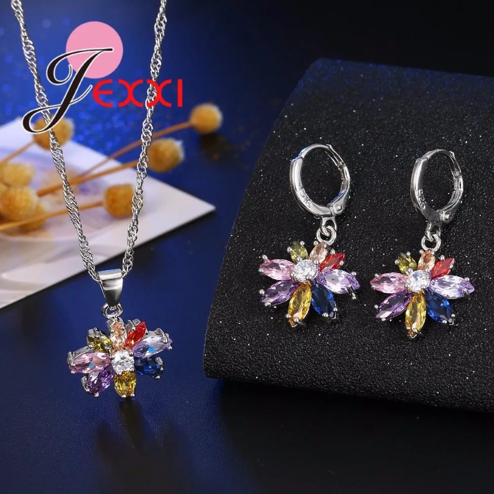 Women Pretty Jewelry Decoration Hot 925 Sterling Silver Cubic Zirconia Jewelry Set Pendant Necklace Earring Sets Promotion