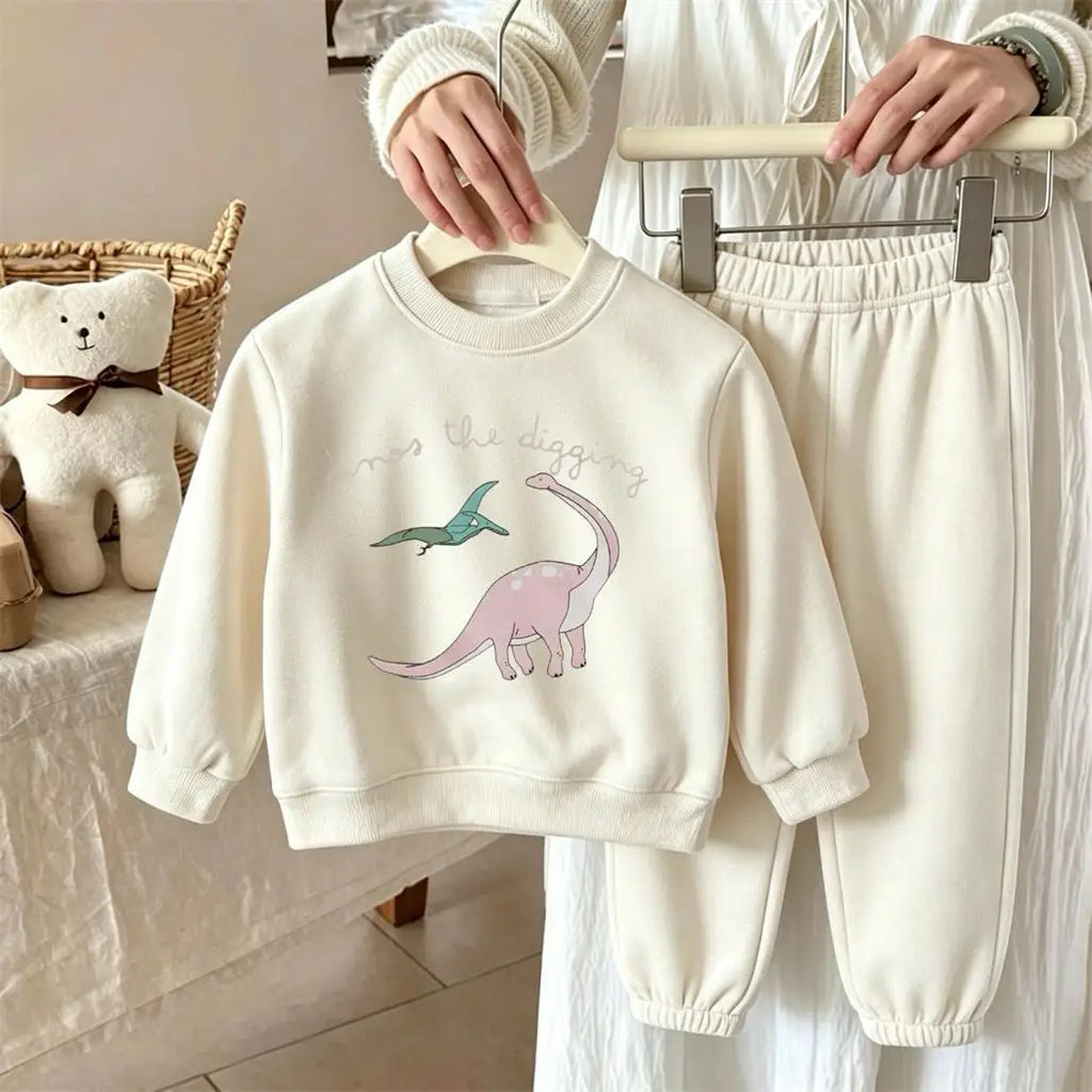 Kids Cartoon Hoodies+Pants Two Piece Set Spring Autumn Clothing Round Neck Tops Dinosaur Print Sweatshirts Loose Sweatpants