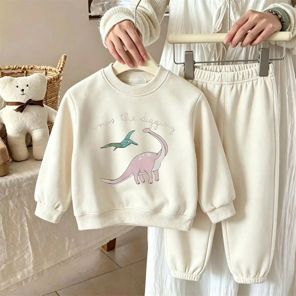 Kids Cartoon Hoodies+Pants Two Piece Set Spring Autumn Clothing Round Neck Tops Dinosaur Print Sweatshirts Loose Sweatpants