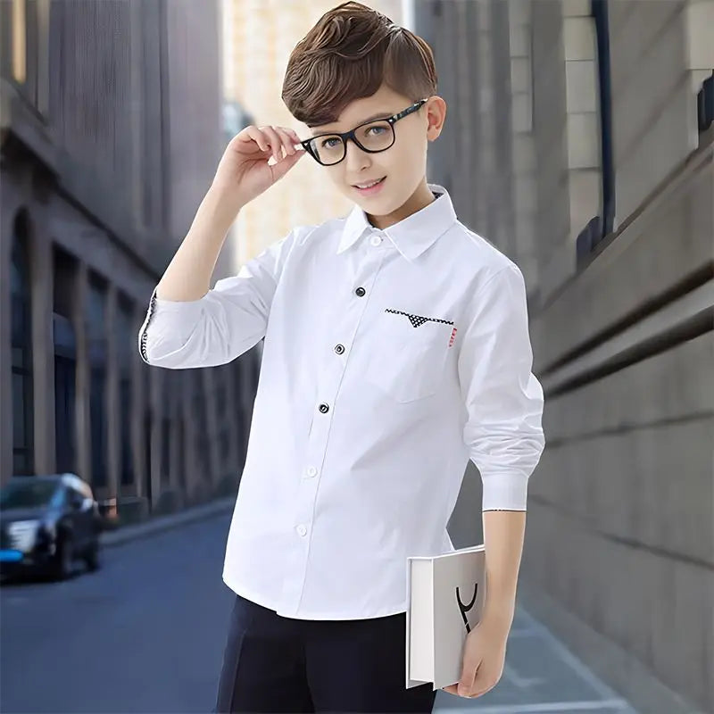 Kids Boys Shirts Spring Fashion Preppy Style Polka Dot Accent Long Sleeve Top Soft Breathable Cotton for School Daily Wear 3-12Y