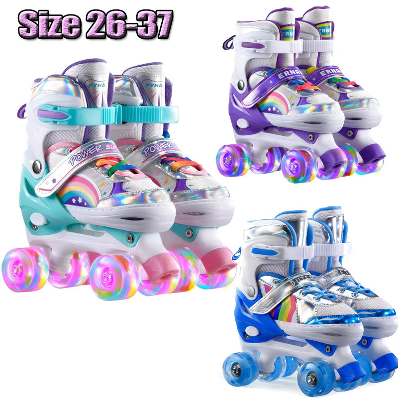 Boys Girls Kids Skates Children Roller Skates Skating Shoes Sliding Adjustable Quad Sneakers PU Flashing 4 Wheels Roller Skates