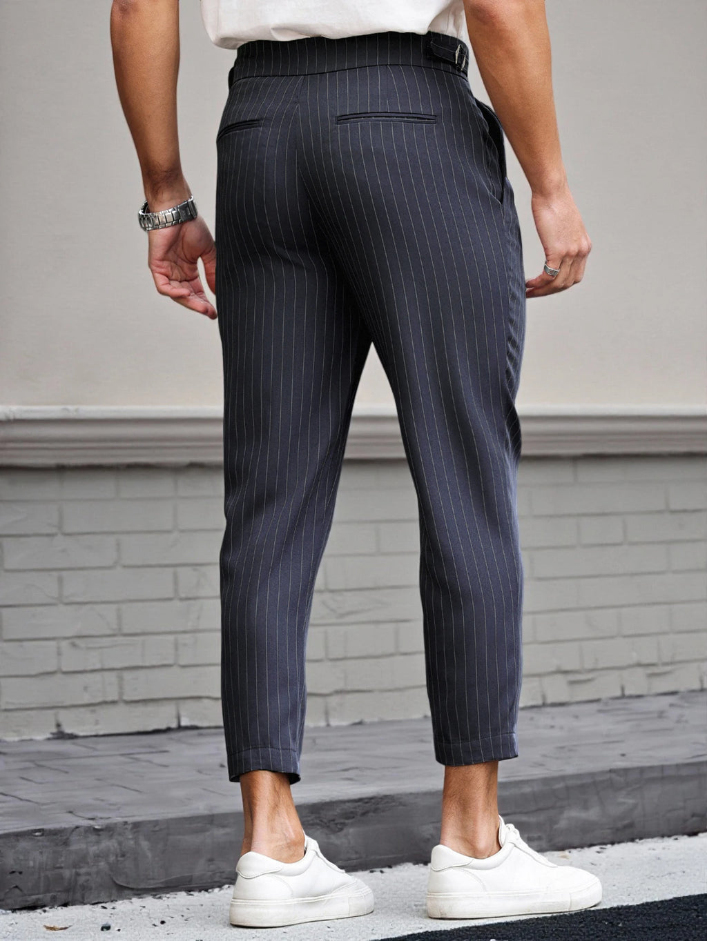Men's Casual Vertical Striped Tapered Cropped Pants Gurkha High Waist Stretch Slim Fit Business Grey Navy Green Trousers