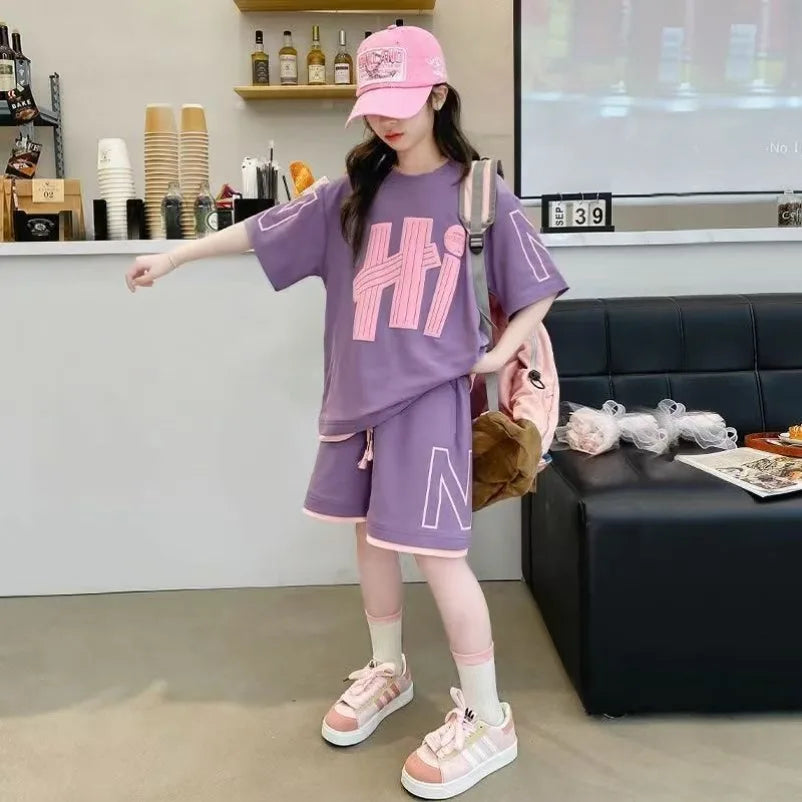 Girls T-Shirts Sets Clothes Kids Short Sleeve Tops+Shorts 2Pcs Children Clothes Suits Teen Loose Casual 2025 Outfits 5-14 Years
