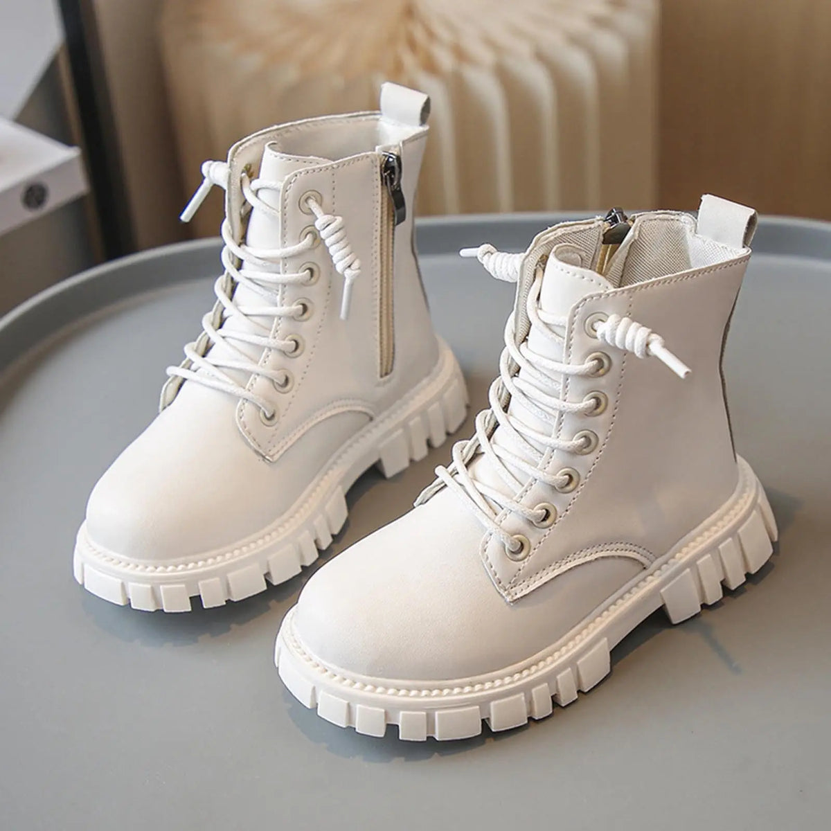 Spring Autumn Girls Fashion Ankle Boots School Kids Leather Boots Thick Bottom Non-slip Children's Causal Boots Black White