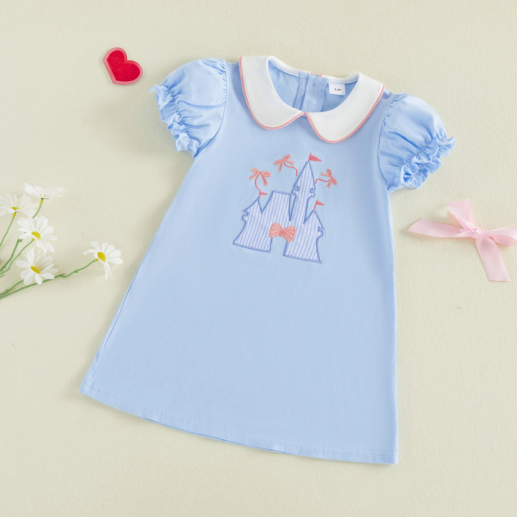 Cute Kids Gir Casual Dress Short Sleeve Doll Collar Embroidery Bowknot Summer Dress Costume Clothes