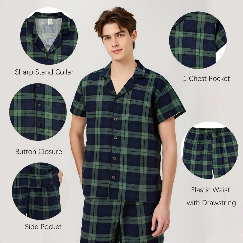 Mens Pajamas Set for Summer Short Sleeve Button Down Shirts Shorts Plaid PJ Set Soft Lounge Set Sleepwear M-XL