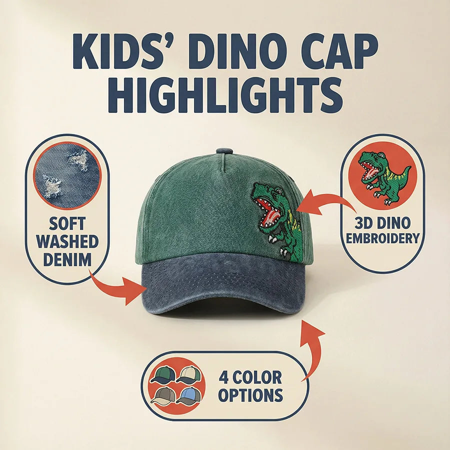 Children's Baseball Caps - Boys and Girls, Plaid Cotton Floppy Baseball Caps, Trendy Kids' Small Dinosaur Sun Protection Hats