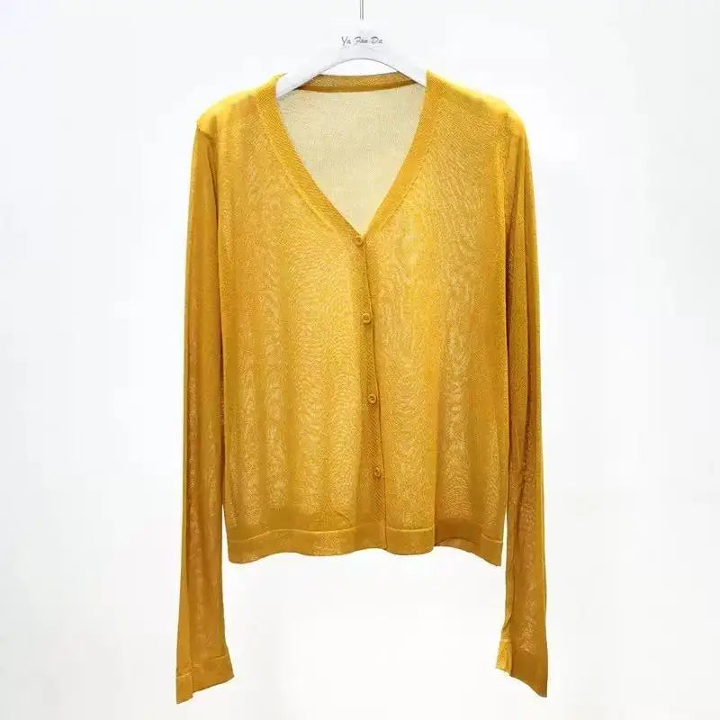 Cardigan Women Korean Long Sleeve Cardigan Summer Cropped Cardigan Knitted V-Neck Thin Ice Silk Sweaters Sunscreen Shirt Tops