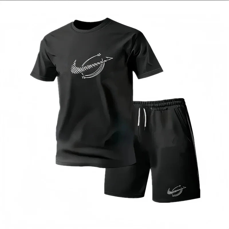 New Summer Fitness Sportswear for Men, Short-Sleeved T-Shirt and Shorts Two-Piece Set, Breathable and Quick-Drying Casual Wear.