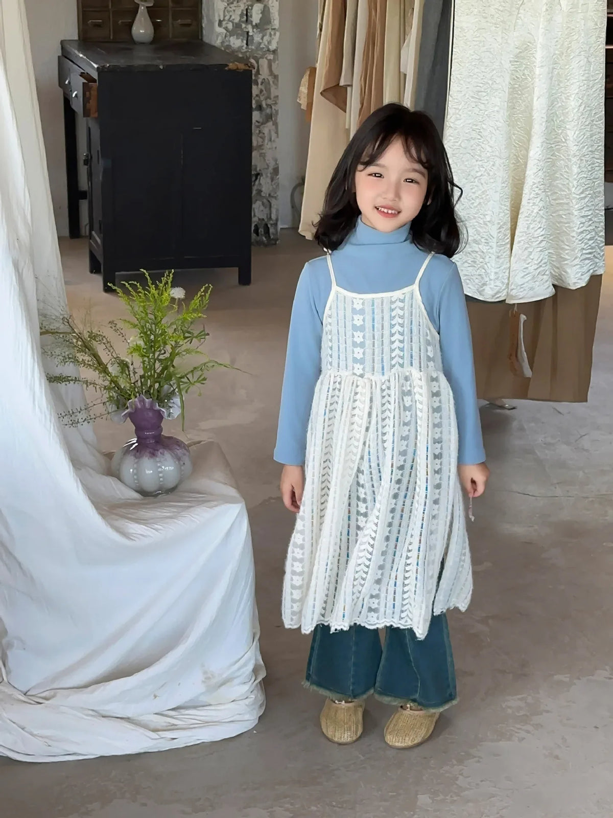 Girl Casual Dresses Autumn Winter Childrens Clothing New Korean 2026 Lace Camisole Skirt Washing Retro Make Old Jeans