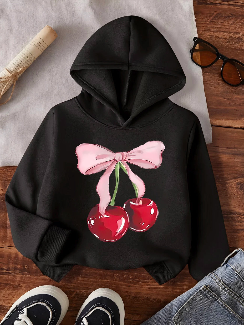 Kids Y2K Cherry Bow Hoodie Cute Print Sweatshirt Boys Girls Spring Autumn Casual Loose Tops