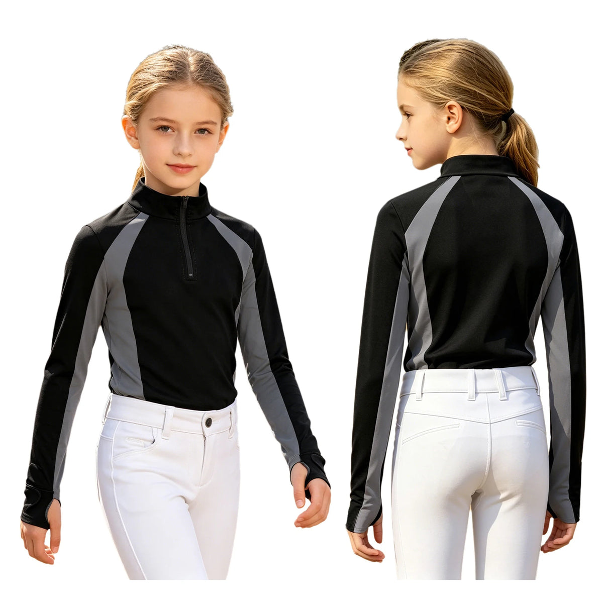Kids Girls Horse Riding Sports Shirts Top Long Sleeve Buttons Contrast Color Shirt Equestrian Clothing Golf Workout Activewear