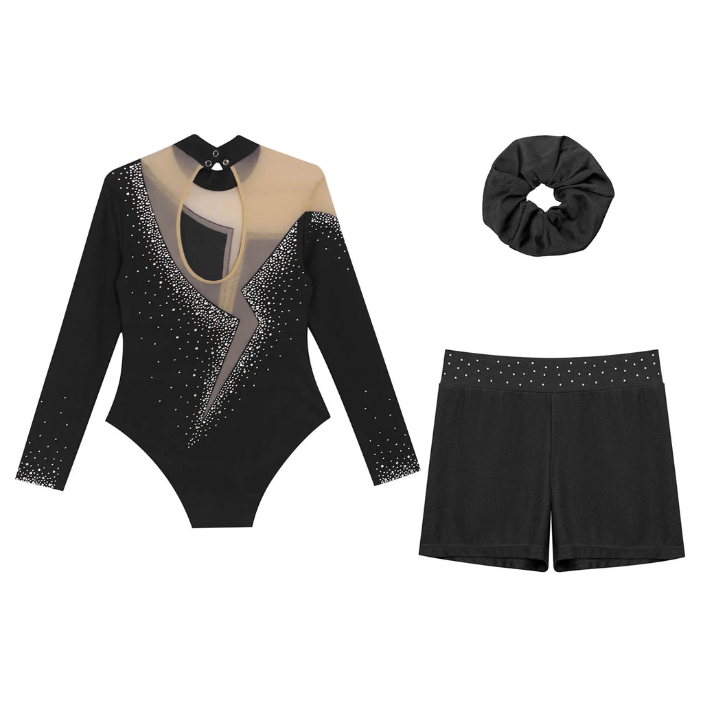 Kids Girls Ballet Dance Leotard With Body Shorts Hair Band Long Sleeve Workout Outfits Gymnastics Jersey Bodysuit Clothes