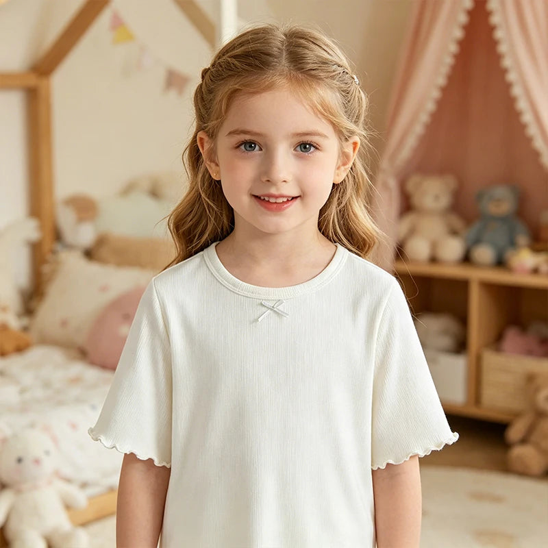Kids Girls Ice Silk Loungewear Set Sweet Ruffle Sleepwear Soft Breathable Summer Casual Home Pajamas 2 Piece Outfit