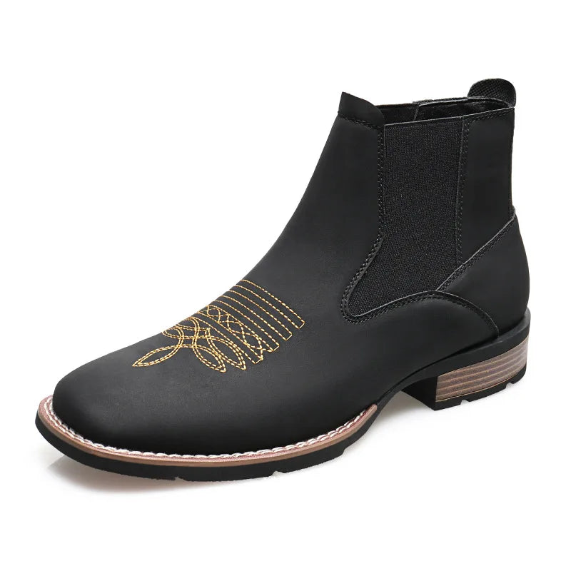 Men's Boots Classic Black Chelsea Boots Luxury Pointed Leather Booties Thick Heel Business Dress Boots for Men Botas Para Hombre
