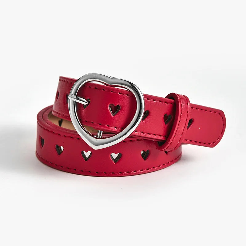 Children Leather Belt Cute Peach Heart Buckle Belts for Girls Solid Color Waistband Korean Fashion Love Heart Eyelet Waist Belt