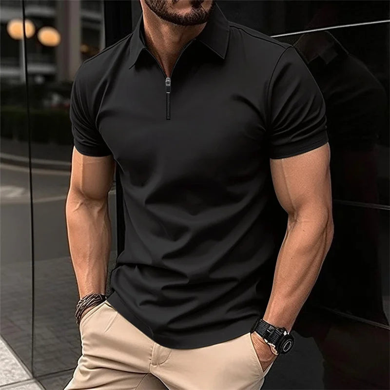 Men's stylish half-zip collar polo shirt, black slim fit short-sleeved top, business casual and versatile, available in 8 colors