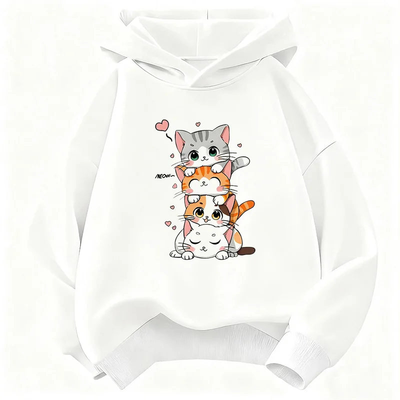 Cute Cat Graphic Kids Hoodie Long Sleeve Sweatshirt Cartoon Animal Boys Girls Clothes Kawaii Kitten Tops Y2K Children Hoody