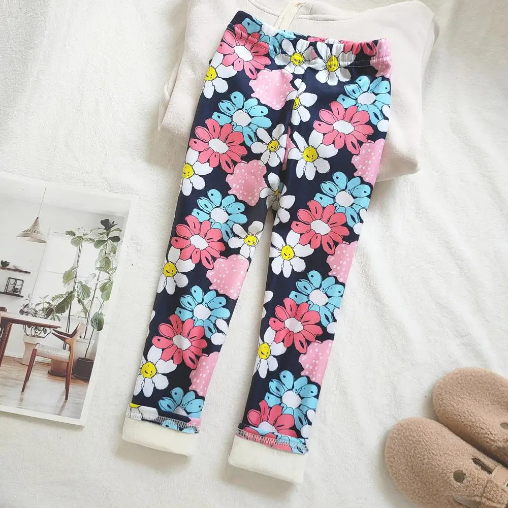 Floral Print Autumn Winter Velvet Warm Kids Pants for Girls Leggings