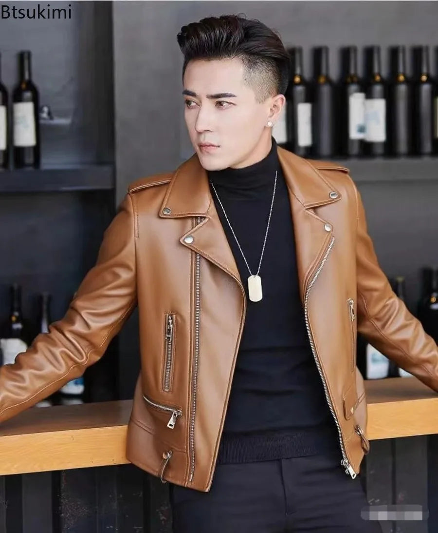 Men's PU Leather New Leather Jacket Sheep Suit Motorcycle Leather Coat Male Streetwear Regular Slim Handsome Large Size Jacket