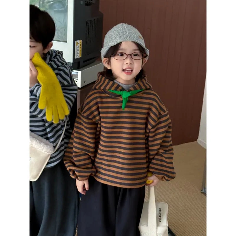 Boys Hoodie 2025 Autumn Winter Korean Style Fashion Trendy Minimalist Versatile Loose Striped Long Sleeve Hooded Top