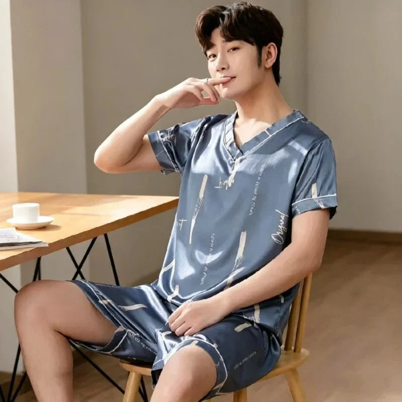 Plus Size Men's Pajamas Set Summer New Fashion Print Men's Sleepwear V-Neck Short Sleeve Shorts Homewear 2026 Casual Cool