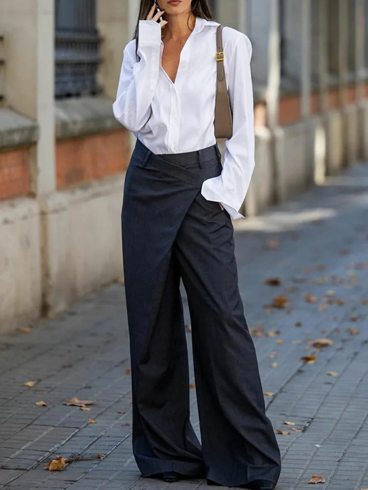 Bonboho Women's Solid Color Commuter Pants 2025 Summer New High Waist Asymmetric Wide Leg Trousers Casual Streetwear Pants