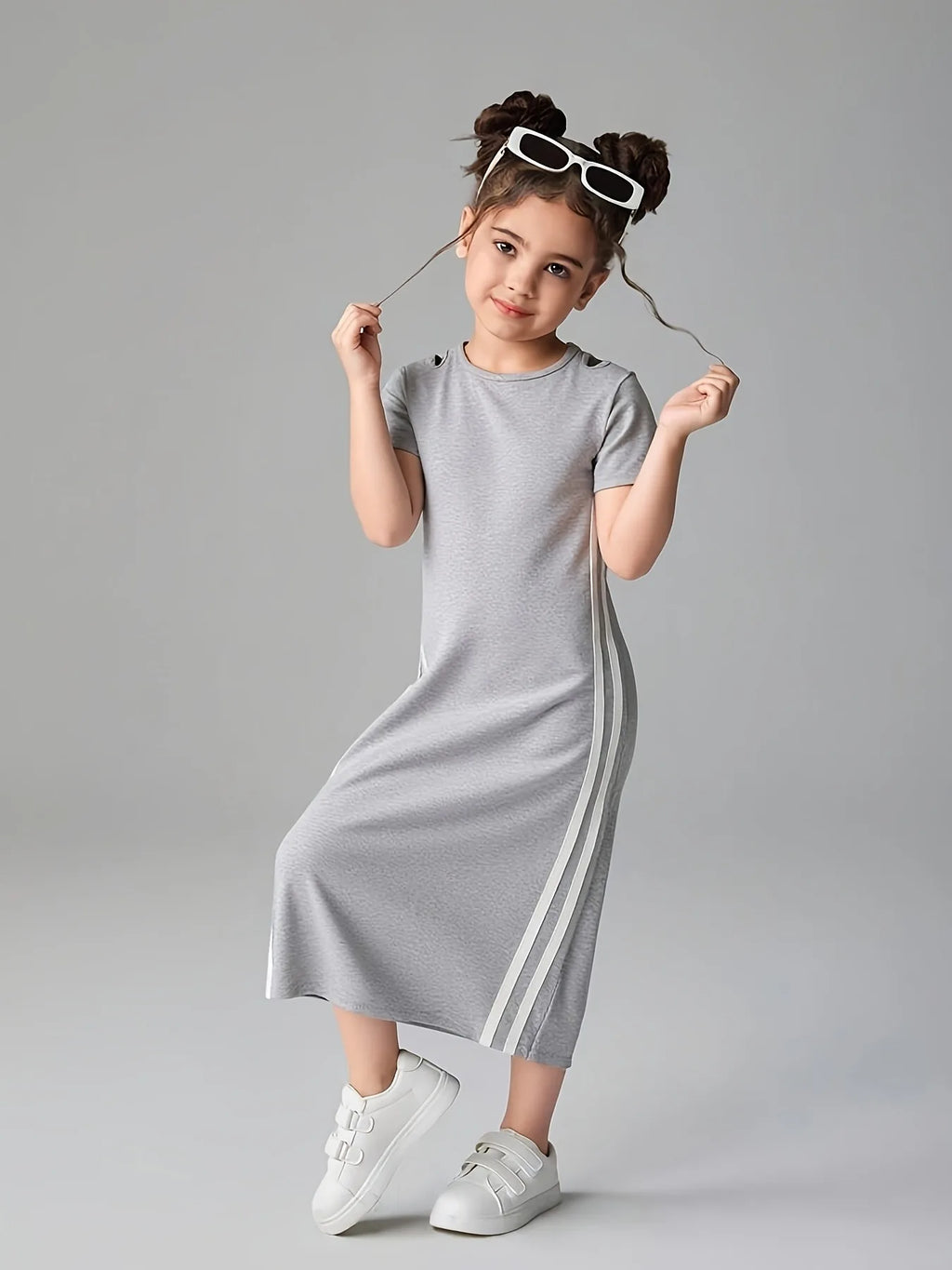 Comfy Kids Girls Casual Dress, Soft Breathable Short Sleeve Side Stripe Midi Dress for All-Day Wear
