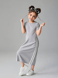 Comfy Kids Girls Casual Dress, Soft Breathable Short Sleeve Side Stripe Midi Dress for All-Day Wear