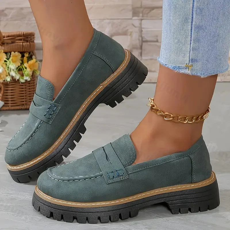 Woman platform Loafers Retro Autumn Ladies Large Size Frosted British Thick Heel Round Toe Rubber Outsole new Style Casual Shoes
