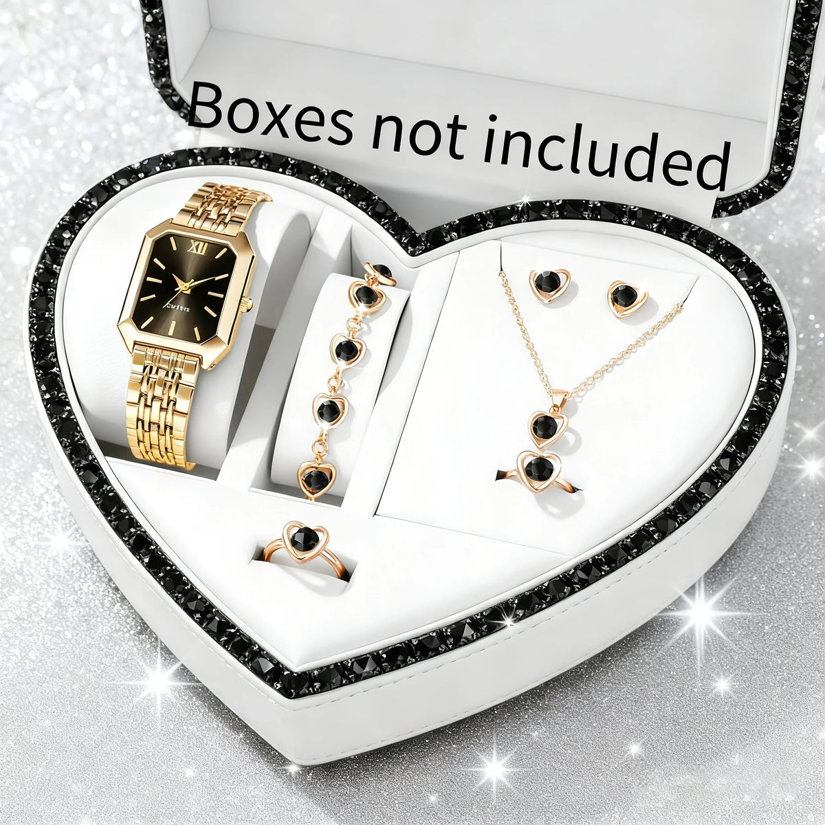 6pcs Elegant Rectangle Women Watches Heart Pendant Jewelry Set Ladies Quartz Wristwatch Reloj Mujer（Without Box）