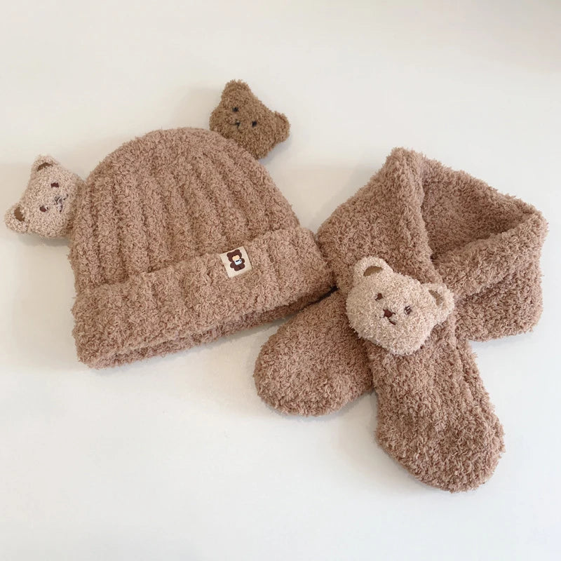 Baby Hat Scarf For Girls Boys Winter Warm Set Cartoon Bear Cold-proof Clothing For Kids Children Stuff Brimless Cap Scarf