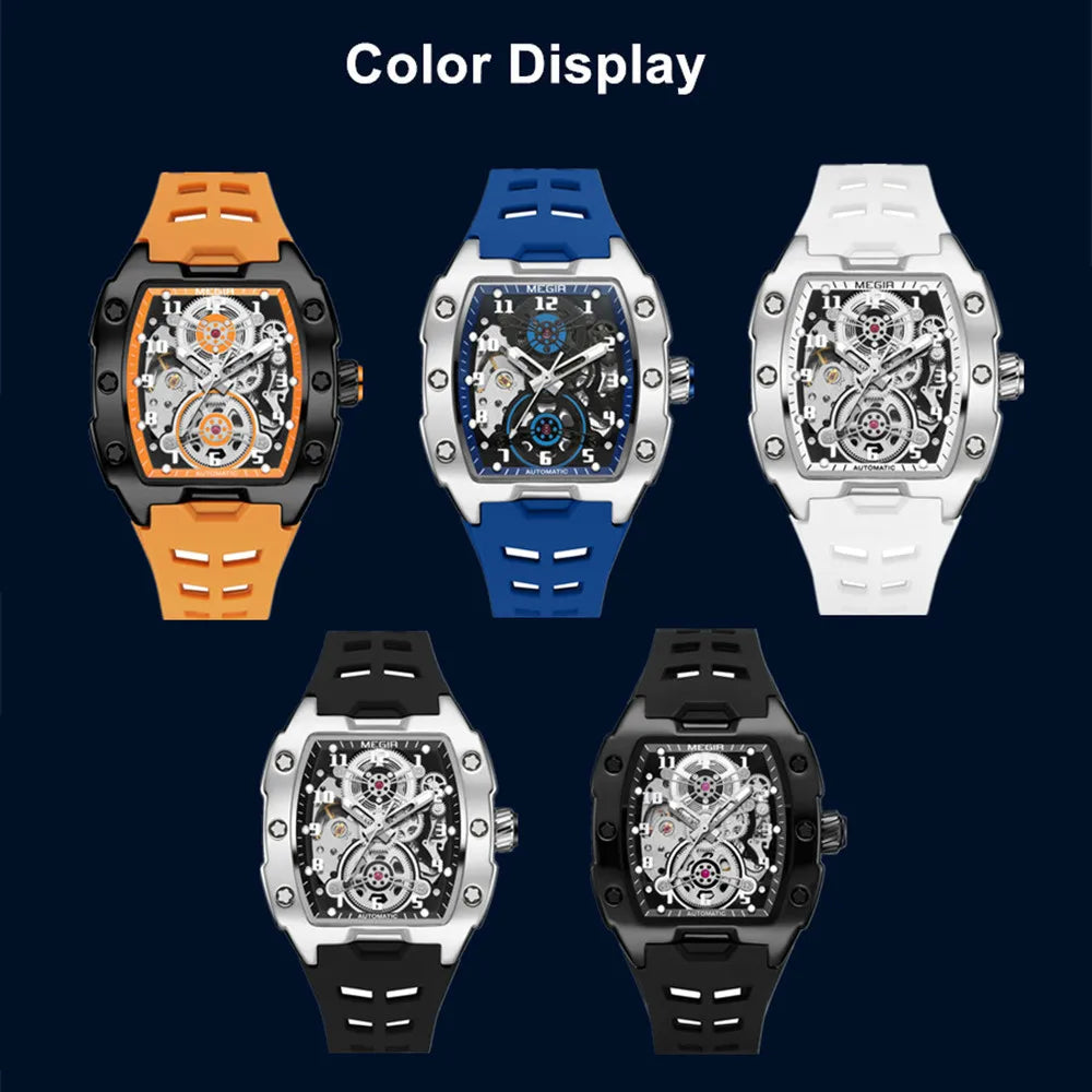 MEGIR Automatic Mechanical Watches for Men 43MM Tonneau Skeleton Dial Man Wristwatch Waterproof Luminous Male Clock Reloj Hombre