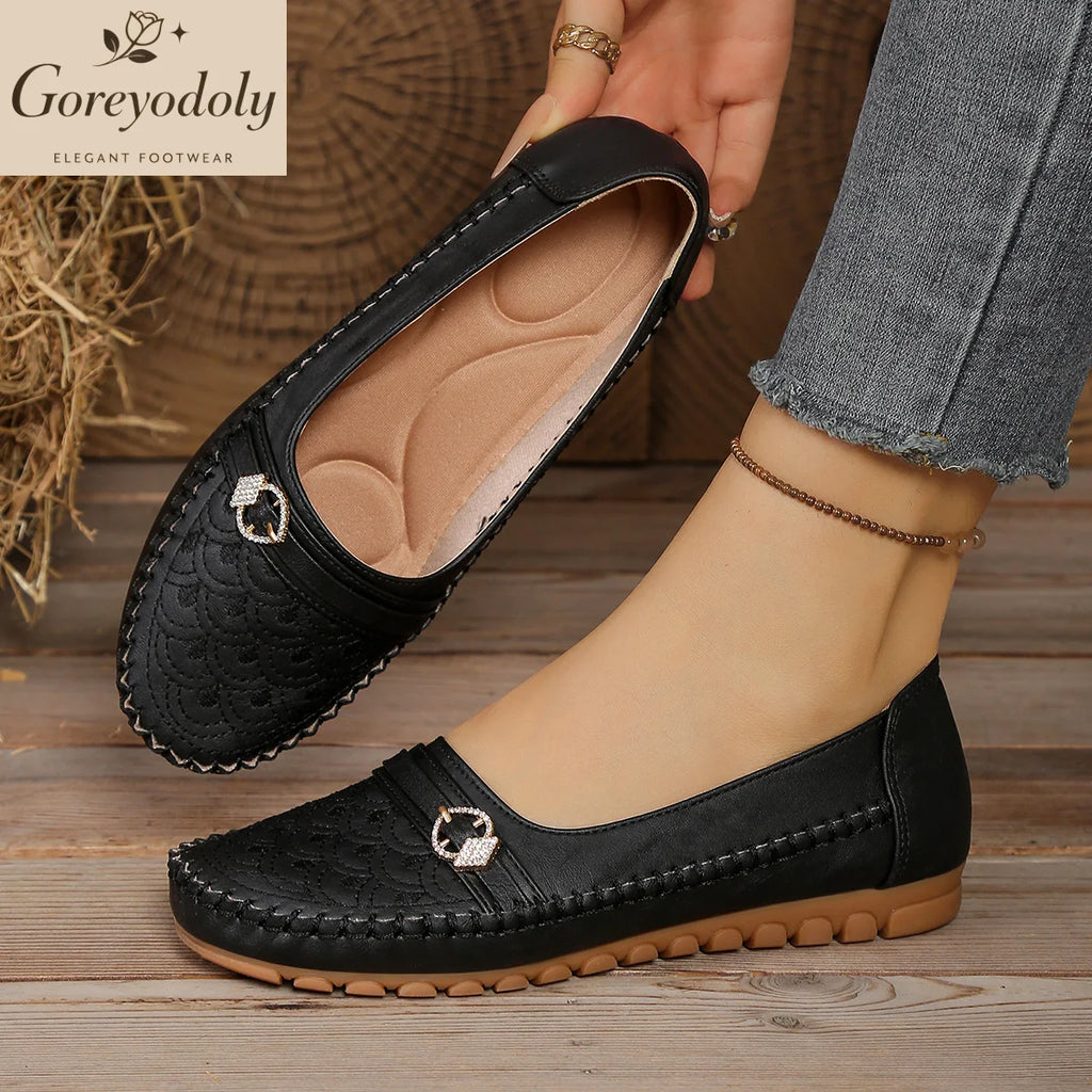 goreyodoly Women Comfortable Slip-On Loafers, Lightweight Breathable Wide Fit Flats with Embroidery & Rhinestone Buckle