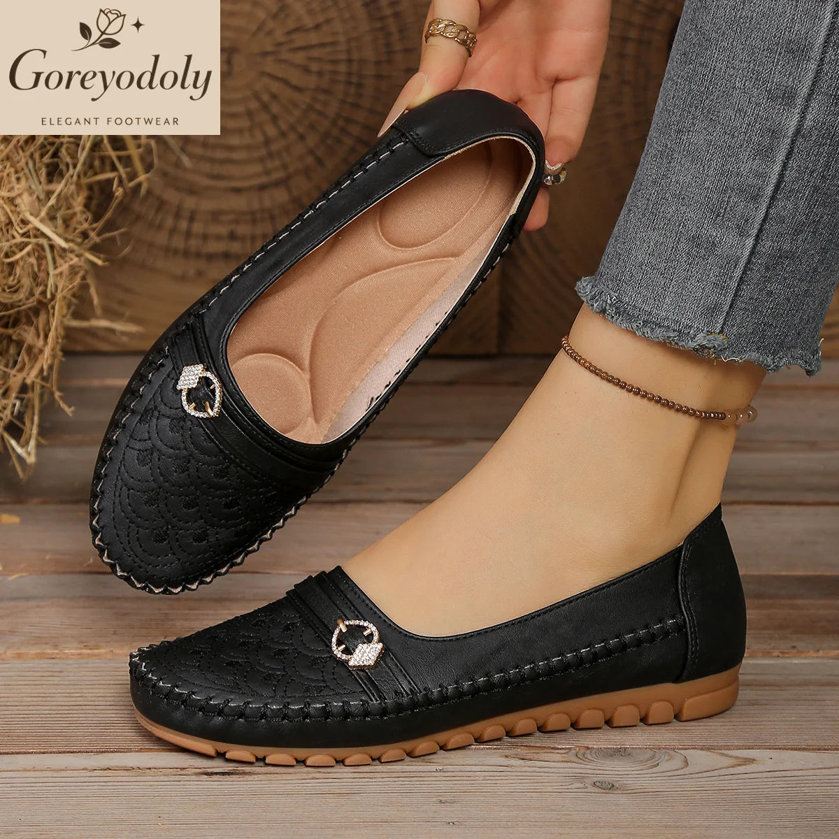 goreyodoly Women Comfortable Slip-On Loafers, Lightweight Breathable Wide Fit Flats with Embroidery & Rhinestone Buckle