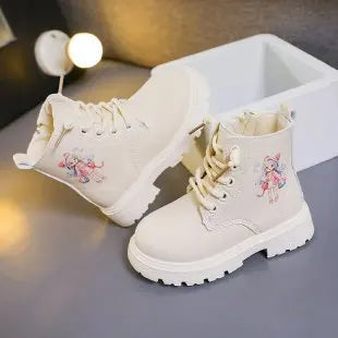 Girls Boots Kids Fashion Rubber Boots Cool Girl Autumn and Winter Cotton Soft Sole Pink with Cartoon Side Zip Princess Round-toe