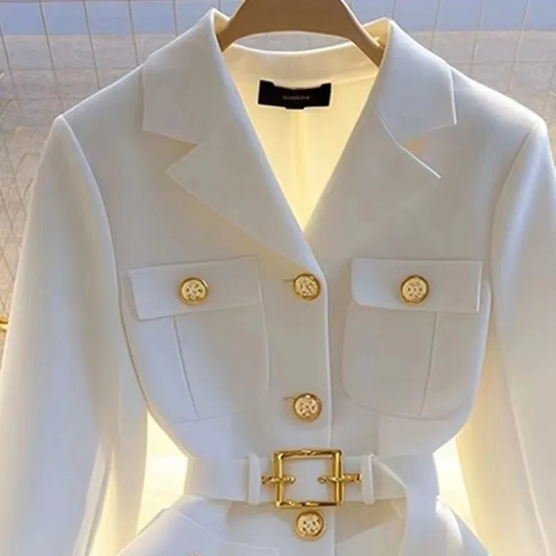 Women Blazer Coat New 2025 Autumn Long Sleeve Single Breasted Belt Pocket Elegant Office Ladies Suit Jacket Lady Outerwear Tops