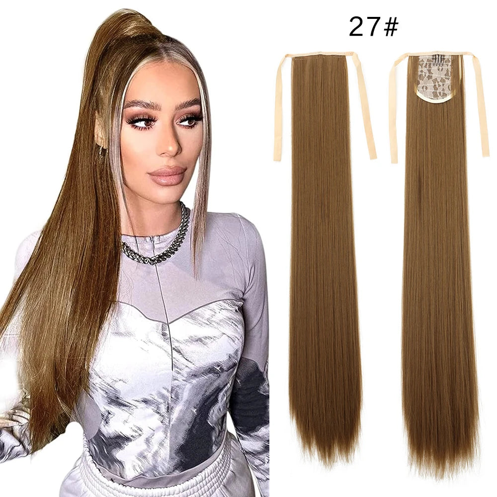 Women's Synthetic Wig (18inch-34inch) Long Straight Hair with a Ponytail Wrap and Clip Style Hair Accessory